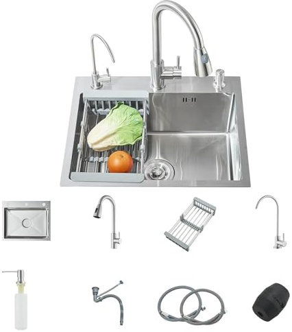JUNSOTTOR Évier de Cuisine 1 Bac - Inox Brossé avec Système Double Robinets (Robinet Extractible + Robinet d‘Eau Pure) Égouttoir, Panier à Vaisselle et Distributeur de Savon Intégré, pour Meuble 60 cm