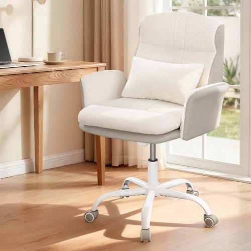 Hzuaneri Schminktisch Stuhl mit Rückenlehne, Drehstuhl mit Wippfunktion, Homeoffice Stuhl aus belüftetem Sherpa Stoff und PU Leder, Geeignet für Schlafzimmer, Büro und Wohnzimmer, Beige-Weiß OC00499WG