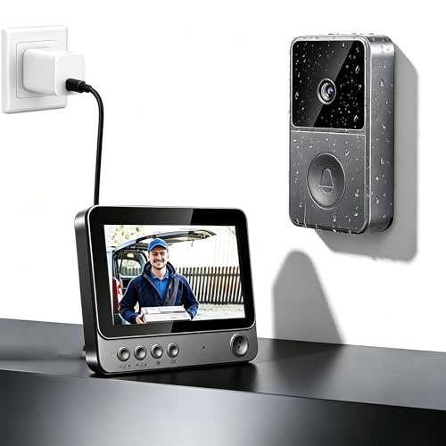 VeftBltrem Türklingel mit Kamera und Monitor, 1080P HD, IP65 Wasserdicht, 4,3 Zoll Bildschirm, 170° Weitwinkel, funkklingel mit Kamera, Gegensprechanlage Infrarot Nachtsicht Zwei-Wege-Audio, Schwarz