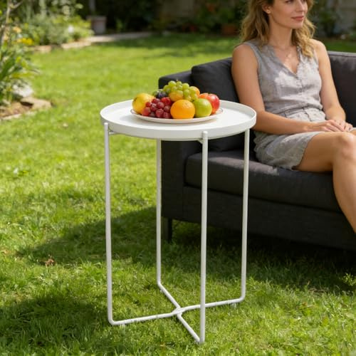 doporro Beistelltisch rund, Couchtisch klein Ø35 x H51 cm, Kleiner Tisch mit 1 abnehmbarem Ablagen und Metallgestell für Wohnzimmer, Schlafzimmer und Balkon, Nachttisch, Beistelltisch Weiß Reglo-08