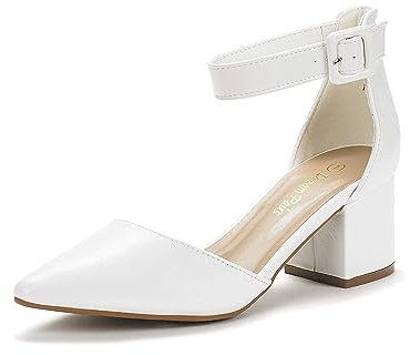 DREAM PAIRS Womens Low Mid Block Heels Mary Jane Ladies Ankle Strap Court Shoes Sandals Annee White Pu Size 10 US/ 8 UK