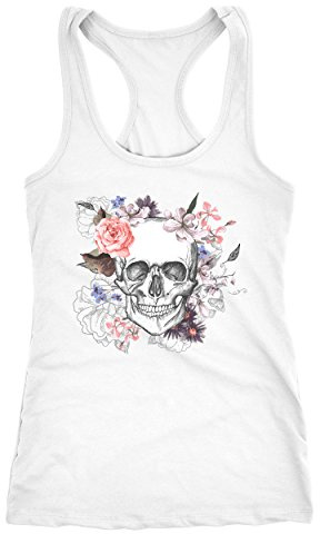 Neverless Damen Tank-Top Totenkopf Blumen Flower Skull Boho Schädel Racerback Weiss L