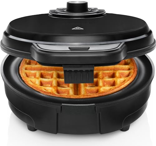Chefman Anti-Overflow Belgian Waffle Maker w/Shade Selector, Temperature Control, Mess Free Moat, Round Iron w/Nonstick Plates & Cool Touch Handle, Measuring Cup Included, Black