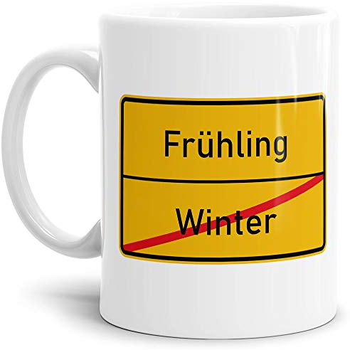 Ortsschild-Tasse Winter -> Frühling - Geschenk-Idee/Lustig/Arbeit/Geburtstag/Witzig/Spaß/Scherz-Artikel/Weiss