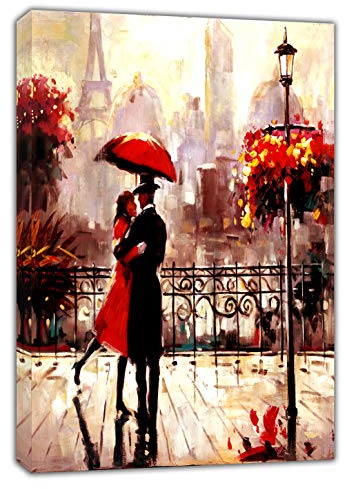 ARTSPRINTS Kunstdruck auf Leinwand, Motiv Pärchen mit rotem Regenschirm unter Regen in Paris, vertikale Ölfarbe, Nachdruck, fertig zum Aufhängen, 24'' x 16 inch(60x 40 cm) -18mm depth