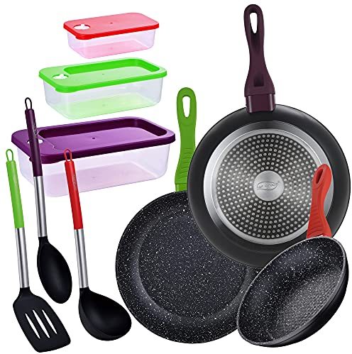 San Ignacio Jolie - Set de 3 Sartenes 3 Herméticos + Set Utensilios de Cocina , Aluminio Forjado, Inducción 22/24/28 cm
