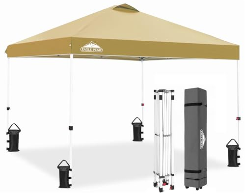 EAGLE PEAK Tonnelle de Jardin Pliable 3x3m Pop-up Gazebo Tente Pliante Pavillon,avec Sac de Transportable à Roulette pour Camping, Plage, Jardin, Beige