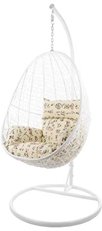 Kideo Komplettset: Hängesessel mit Gestell & Kissen, Korbsessel, Poly-Rattan (Gestell- und Korbfarbe: weiß, Kissen: beige/Gemustert Nest (7050_travel))