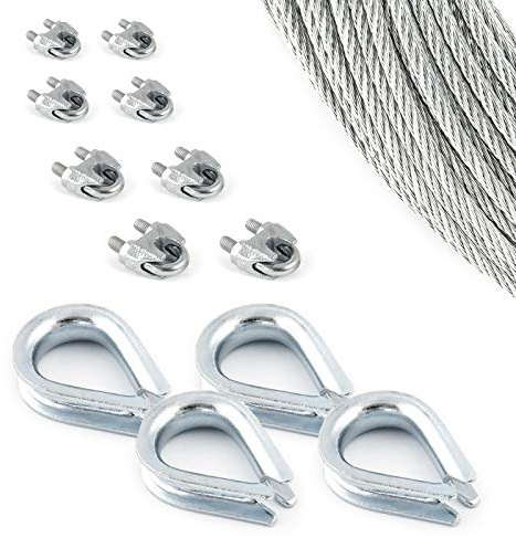 DQ-PP Stahlseil Set 7 – 3mm 6x7 Mittelweich – 20 Meter – Stahl Verzinkt – 4x Kauschen – 8x Seilklemmen Bügel – Drahtseil für Rankhilfe Forstseil