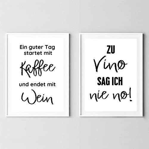 Din A4 Kunstdruck 2er-Set ohne Rahmen - Spruch - Zu Vino sag ich nie no - Guter Tag mit Kaffee und Wein - Kaffee Vino Wein Küche Esszimmer Druck Poster Bild