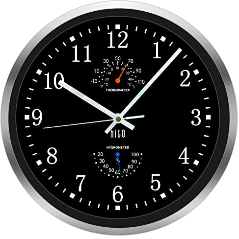 HITO Leise Wanduhr für Living Roon, Küche, Schlafzimmer, mit Glasabdeckung, silberfarbener Aluminiumrahmen, 30,5 cm, Schwarz