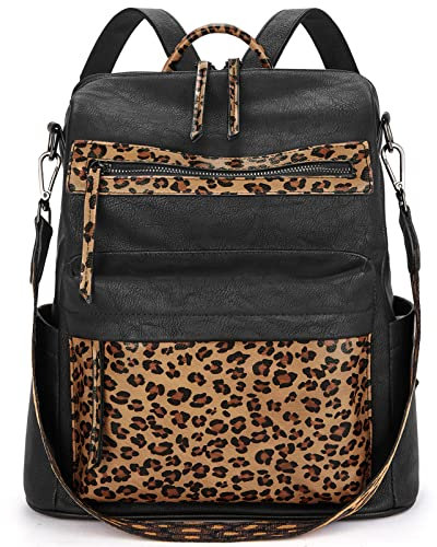 BROMEN Rucksack Geldbörse für Damen Anti-Diebstahl-Leder Reise Schultertaschen Große Designer Damen Umhängetasche, A-schwarz/brauner Leoparden-Print, Large, Daypack Rucksäcke