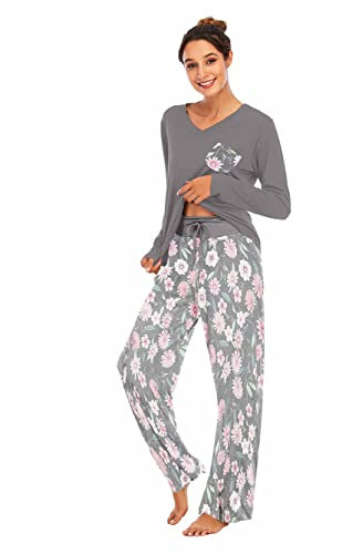 Famulily Pigiama comodo da donna, set pigiama da donna con stampa floreale, a maniche lunghe, abbigliamento da casa e pantaloni a gamba larga, set morbido da notte, Grigio scuro, XL