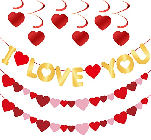 55 Stück Valentinstags-Dekorationen zum Aufhängen, Wirbel, Valentinstag-Banner & Filz-Herz-Girlande, Banner, kein Basteln erforderlich, für Hochzeit, Valentinstag, Dekorationen, Geburtstag