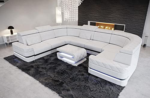 Sofa Positano Ledersofa U-Form Wohnlandschaft mit LED Beleuchtung Kopfstützen Couch modern (Lange Seite Links, Weiß-Schwarz)