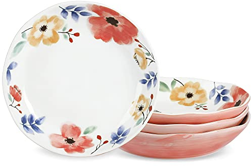 fanquare Set di 4 Piatti per Insalata a Fiori Rosa in Porcellana, Grandi Insalatiere per Pasta, Ciotole da Portata in Ceramica, Adatti al Microonde