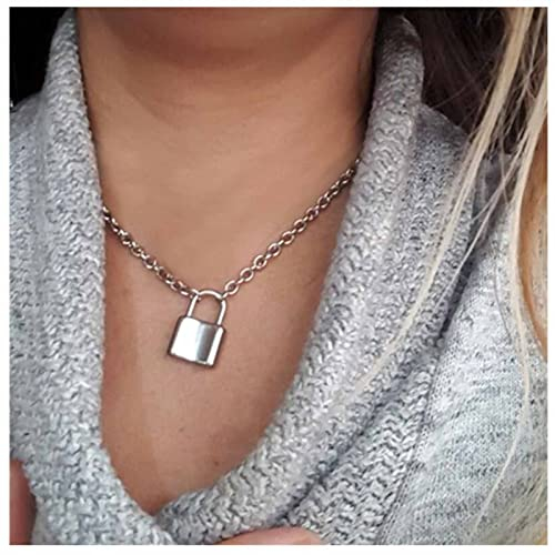 Allereya Punk Lock Halskette Choker Silber Schloss Anhänger Halskette Büroklammer Kette Choker Kurze Vorhängeschloss Halskette Kette Schmuck für Frauen und Mädchen (Silber)