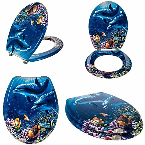 Optimal Products Toilet Seat Novelty Design Stainless Steel Hinges All Printed Loo Seats Soft Close / Slow Close (Sea Creature), 47 x 37.7 cm