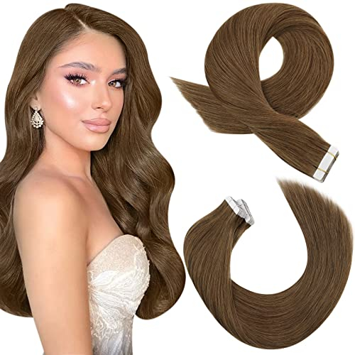 Moresoo Invisible Tape Extensions Echthaar Hellbraun Tape in Extensions Braun Tapes Klebestreifen Extensions Hellbraun Haarverlängerung Echthaar Tape 45 cm 20 Stück 50g #8 Seidig Glatt 18 Inch