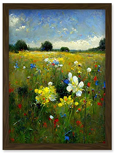Doppelganger33 LTD Wildflower Summer Meadow Floral Landscape Oil Artwork Framed Wall Art Print A4