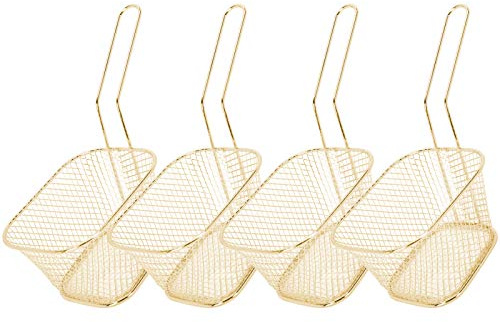 4 Pcs Stainless Steel Deep Fryer Basket, Basket Strainer for French Fries and Fried Chicken Potato Cooking Tool Deep Fry Basket Wire Mesh French Chip Frying Serving Basket (Gold)