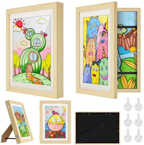 NICEKOOL 2 STK Bilderrahmen Kinderzeichnungen A4, Kinder Befüllba Kunstfotorahmen Frontöffnung, Holz Kinder Kunst Rahmen, Aufklappbar mit Wand & Standfunktion, Ideal für Kunstprojekte, Zuhause (Natur)