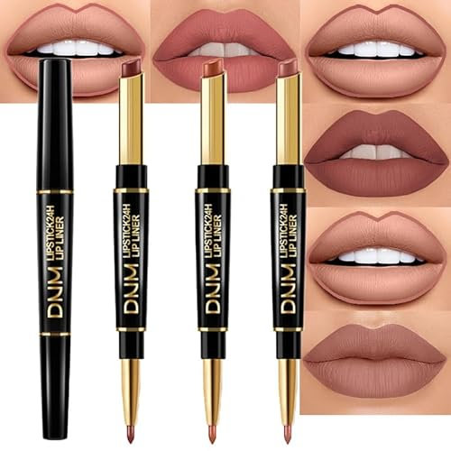 evpct 3Pcs Chestnut Lip Liner and Lipstick Set Kit for Women DNM Matte Fall Lipstick Shades Set Lip Stain Long Lasting Lipstick Waterproof Lip Liners (3Pcs Set01- Chestnut Nude Brown, pack of 3)