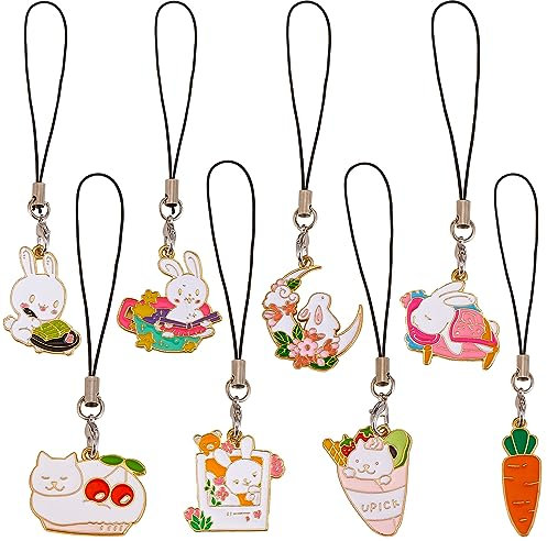BEEFLYING 8 Stück Emaille Kaninchen Handyriemen-Anhänger Dekoration Kawaii Handy-Taschen-Schlüsselanhänger-Anhänger