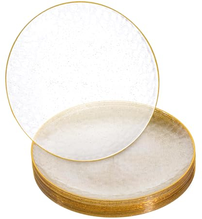 STACKABLES Lot de 20 assiettes en plastique martelé doré pailleté avec bord doré – Assiettes de mariage à faire soi-même – Assiettes de fête réutilisables et légères de 17,8 cm