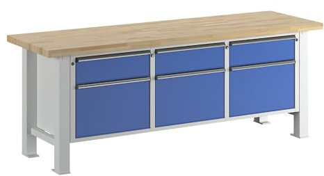 ANKE | Schwerlast-Werkbank | Plattenbreite 2250 mm | mit 3 Schubladen und 3 Flügeltüren | Plattenstärke 50 mm