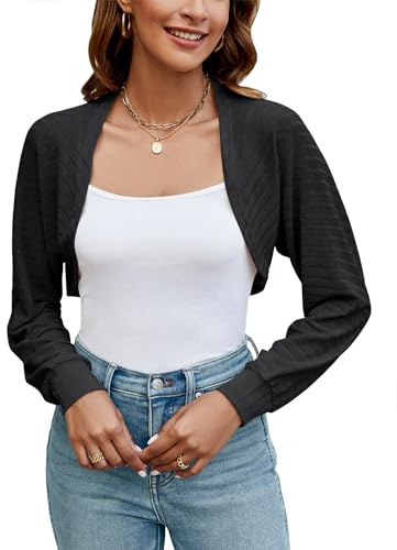 Ivicoer Women's Long Sleeve Cute Black Bolero Shrug Open Front Crop Cardigan Lightweight Knit Sweater(Black,Small)