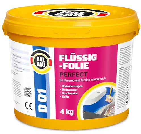 Flüssigfolie Profi 4kg, Flüssiggummi für Innen, Wassersperre unter Fliesen, Bad, Dusche, Abdichtung, Halbau D01