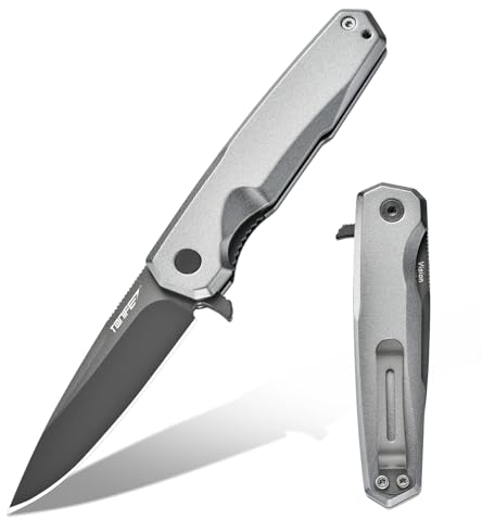 TONIFE Vision Couteau Pliant d'extérieur avec Lame 8Cr14MoV et Manche en Aluminium Couteau de Survie avec Clip de Poche pour le Camping et l'artisanat (Gris - Gris Titane)