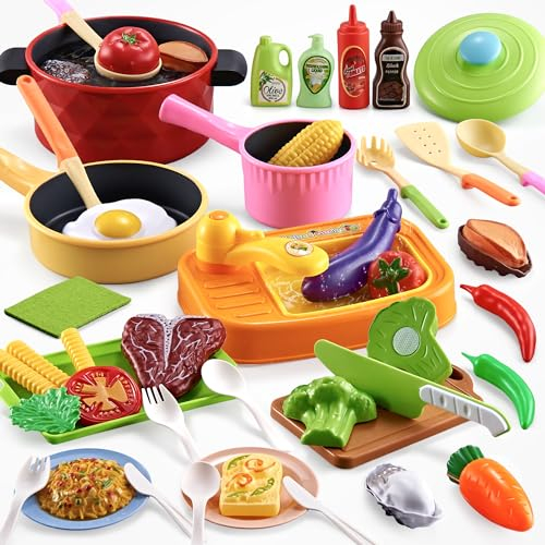 Kopi Corgi Cuisine Ensemble, 47 PCS Dinette Enfant Avec Pots et Casseroles, Chef Jeu de Rôle, Ustensile de Cuisine, Accessoire Jeux Cadeau pour Fille Garçon 3 4 5 Ans