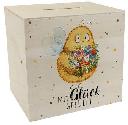 Pummel Biene Spardose aus Holz mit Spruch Mit Glück gefüllt Frühlingszauber Hummel-Design Glückliche Blumen-Deko sparen Weltspartag Urlaubsgeld