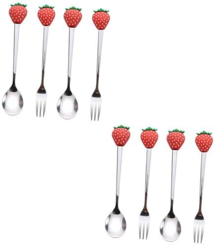 OUNONA 8 cucchiai a forchetta in acciaio inox, per fragole, mini cucchiaini da caffè, taglierino, , posate decorative, stoviglie a forma di frutta, torte, forchetta alla frutta