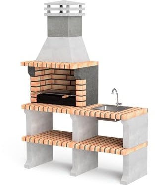 MOVELAR - Barbacoa de Obra Prefabricada de Leña y Carbón Modelo Liz Plus XL con Lavabo y Grifo (Gris, Naranja - 142 x 58 x 210 cm) REF: M00481 - Cocina de Exterior con Fregadero para Jardín y Terraza