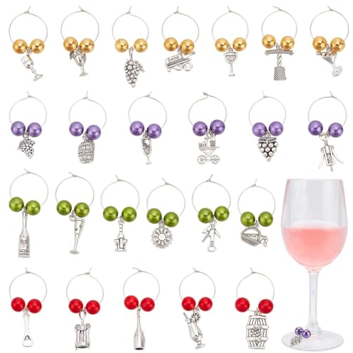 FREEBLOSS 24Pcs Wine Glass Charms Wine Glass Identifiers Wine Glass Markers for Stem Glasses Wine Glass Tags Wine Charms Rings for Glasses Birthday Party Decorations