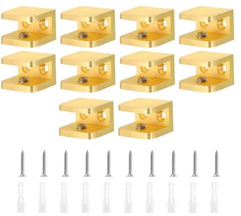 QUARKZMAN Pince de Fixation pour Étagère en Verre, Lot de 10 Pinces en Cuivre Doré Réglables pour Verre Épais de 10-12 mm, Support de Fixation pour Panneau en U