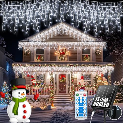 GCMacau Eisregen Lichterkette Solar [15m +5m], 506LEDs Weihnachtsbeleuchtung Außen,8 Modi,Erweiterbar,101 Tropfen, Lichterkette Außen USB-Strom,IP65 Wasserdicht Mit Fernbedienung Timer [weiß]