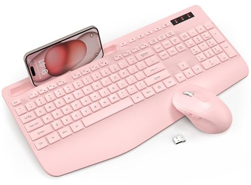 Wireless Keyboard and Mouse Combo - Full-Sized Ergonomic Keyboard with Wrist Rest, Phone Holder, Sleep Mode, Silent 2.4GHz Cordless Keyboard Mouse Combo for Computer, PC, Laptop, Mac, Windows -Trueque