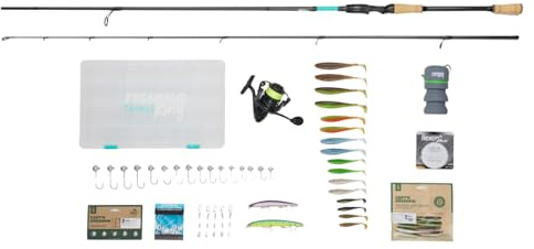 Fishing-King Tackle Zielfisch Zander Angelset | Spinnrute 2,60 m und 10-60 g | Spinnrolle 3000 mit Schnur | Box, Köder und viel Zubehör