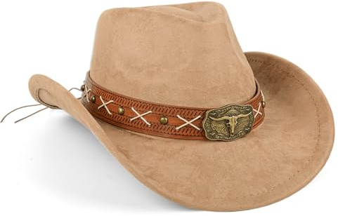 Western Uni Wide Brim Cowboyhut Hüte mit Metall Stierkopf und Wildlederoptik atmungsaktiv Polyester braun, braun, 2