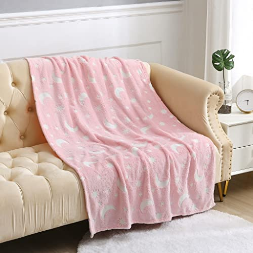 Glow in the Dark Fleece Blanket Throw for Winter, Moon Pink Kids Blanket for Bed, 100 x 150cm Super Soft Plush Pink Blanket for Girls Boys, Warm Gifts for Birthday (Moon Pink Design)