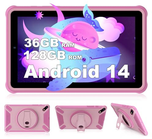 FASTWD Tablet bambini 7 pollici,tablet educativo 36 GB RAM 128 GB ROM (espandibile con SD),Tablet Andorid 14,8000mAh,WiFi 5G,BT 5.0, schermo HD IPS,controllo genitori, Rose