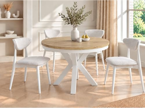 WFL GROUP Runder Ausziehbarer Esstisch im Loft-Stil - Industrieller Tisch mit Weißen Metallbeinen - Platzsparender Tisch für Wohnzimmer - Lancelot Eiche - 100 bis 180 cm