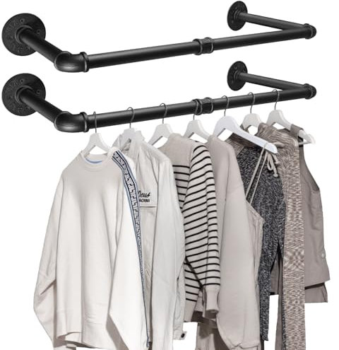Tanice Kleiderstange Industrial 2er Set 60cm Garderobenstange Wand Kleiderständer Wandmontage für Wohnungen Schlafzimmer, Schwarz