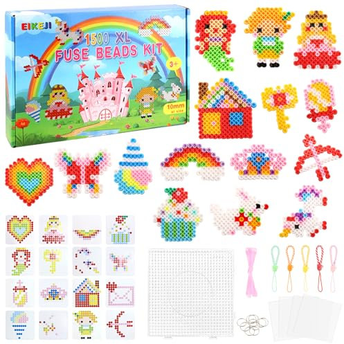 EIKEJI Große 10mm Bügelperlen Set, 1500 Stück XL Steckperlen mit Platten, 16 Bunte Farben Maxi Bügelperlen, 16 Muster und Bügelpapier, XL Bügelperlen, Kreatives Perlenset für Kinder ab 3 Jahren