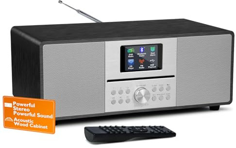 MangoKit MS4+ CD Player DAB Radio HiFi System I Bluetooth I Stereoanlage Kompaktanlage I Akustisches Holzgehäuse I CD Player mit Lautsprechern I 40 Presets,Kopfhöreranschluss I Metallisch Schwarz