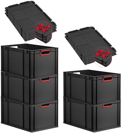 PROREGAL SparSet 5x Eurobox NextGen Color mit Auflagedeckel & Schiebeschnappverschlüsse, HxBxT 32x40x60cm, 65L, Schwarz, Griffe rot offen,Eurobehälter, Transportbox, Transportbehälter